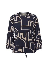 Haut bleu marine avec des motifs géométriques crème, col rond et manches 3/4. Inclut un cordon de serrage à l'ourlet. Tissu doux et texturé.