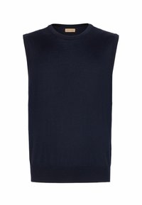 Marinblå ärmlös topp i mjukt, fint stickat material; rund halsringning; ribbad fåll; enkel design utan synliga mönster eller detaljer.