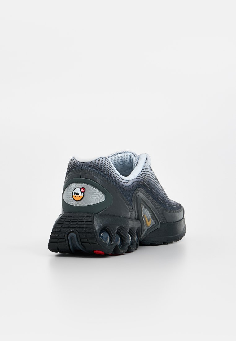 Buty sportowe z siateczkową cholewką w odcieniu szarości, wyściełanym kołnierzem i czarną gumową podeszwą. Posiadają widoczną amortyzację powietrzną oraz wielokolorowe akcenty w logotypie.