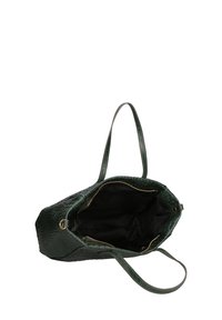 Borsa a tracolla verde con texture a forma di coccodrillo, dotata di chiusura con zip, due manici e fodera interna nera. Presenta dettagli metallici.