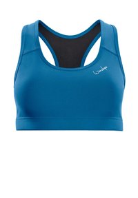 Blauer Sport-BH mit glatter Textur, Racerback-Design und schwarzem Innenfutter. Mit einem Logo auf der Vorderseite, das die sportliche Nutzung betont.