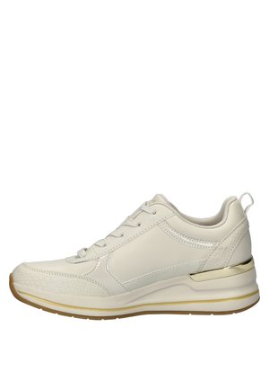 Sneakers til kvinder i cremefarve med teksturerede detaljer, snørelukning foran, polstret krave og guldfarvet accent på hælen og mellemsålen.