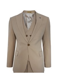 Beige Dreiteiler-Anzug mit tailliertem Jacket und zwei Knöpfen, passender Weste und glatter Textur. Auffällige Details sind eine Brusttasche und unauffällige Revers.