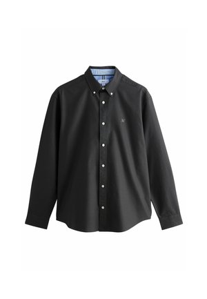 Black long-sleeve shirt made of cotton with a button-down collar, featuring white buttons and a small logo on the chest. Interior collar is blue-striped.