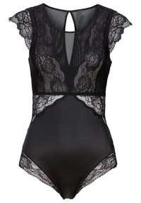 Body in pizzo nero con tessuto trasparente, accenti in pizzo floreale, maniche corte a sbuffo, dettaglio con apertura a chiave sulla schiena e silhouette aderente.