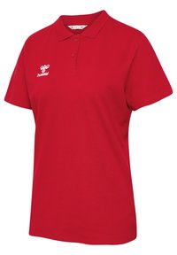 Rood polohemd met korte mouwen, kraag en twee knopen, met wit Hummel-logo op de linkerborst.