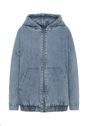 Light blue denim hoodie jacket with zipper closure, quilted lined hood, elastic waistband, and side pockets. Smooth texture and relaxed fit.