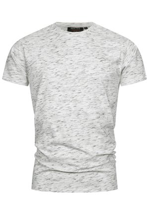 Gray short-sleeve t-shirt with a speckled texture, round neckline, and a small logo on the chest. Made from soft fabric.