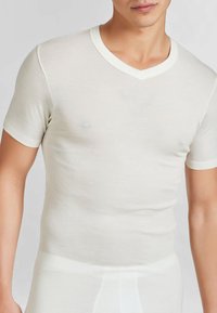 T-shirt leggero, fitted, con scollatura a V realizzato in tessuto morbido, di colore bianco sporco. Maniche corte, texture liscia e cuciture minime.