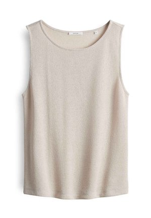 Canottiera in maglia beige senza maniche con scollo rotondo e orlo dritto, etichettata taglia 36 e marca Opus.