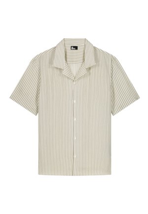 Beiges, kurzärmliges Hemd mit dünnen, schwarzen, vertikalen Streifen und einem Hemdkragen.