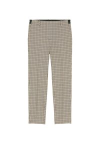 Pantalon à carreaux marron et beige, coupe slim. Comprend un devant plat, une fermeture éclair dissimulée et une taille avec passants pour ceinture. Tissu léger.