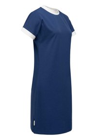 Vestido azul marino con un cuello redondo blanco y mangas cortas blancas, confeccionado en tejido suave, con un corte recto y un diseño de abertura lateral.