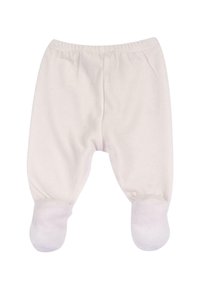 Světle růžové dětské kalhoty vyrobené z měkké látky, s nařaseným pasem a navržené s ponožkami a zaoblenými špičkami pro pohodlí.