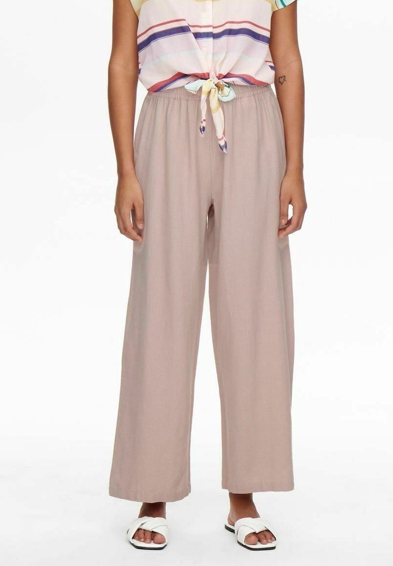 Lätta, beige vida byxor med elastisk midja. Slät textur, hel längd design som passar för olika outfits.