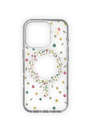 Klare Handyhülle mit floralem weiblichem Geschlechtssymbol aus kleinen rosa, gelben und blauen Blumen und grünen Blättern, die auf weißem Hintergrund verteilt sind.