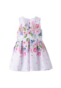 Weißes Kleid mit floralem Druck in Pink, Blau und Grün. Ärmelloses Design mit plissiertem Rock und Reißverschluss im Rücken.