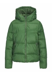 Grön puffjacka med huva, med kviltade sektioner, fram zip-öppning och sidofickor. Slät, lättviktig tyg.