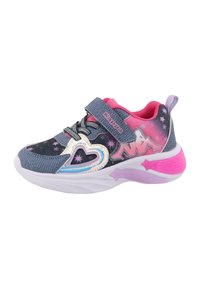 Sneaker per bambini blu e rosa con design a stelle e cuori, dotata di una fascia in Velcro e suola ammortizzata, ideale per il gioco attivo.