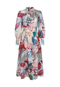Blumenkleid mit hohem Kragen, langen Puffärmeln und einem knielangen Rock in lebhaften Farben, darunter Pink, Blau und Grün.