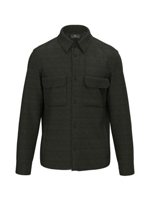 Dunkelgraue Wollhemdjacke mit durchgehender Knopfleiste, zwei gepunkteten Brusttaschen und langen Ärmeln.