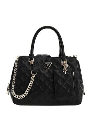 Sort Guess håndtaske med præget logo mønster, dobbelthåndtag, guldkæde detalje og fastsyet lynlåslomme med nøgle charms.