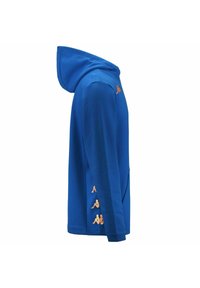 Felpa blu con cappuccio, dotata di tasca frontale e rifiniture arancioni sul petto e sul lato. Realizzata in un tessuto morbido e liscio.