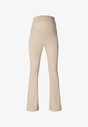 Beige schmal zulaufende Hose aus dehnbarem Stoff, mit hohem Bund und Raffungen an den Seiten, glatt im Griff und in voller Länge.