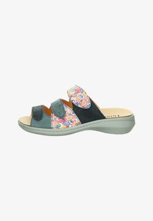 Multicolored sandals with three adjustable hook-and-loop straps. Constructed from leather with a cushioned footbed and grey rubber sole.