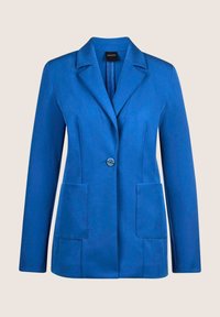 Blauwe blazer van gestructureerde stof met een enkele knoopsluiting, notch-lape len en twee voorzakken. Getailleerde pasvorm en slank ontwerp.