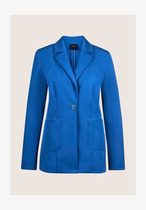 Blazer in Blau aus strukturiertem Stoff mit einem einzelnen Knopfverschluss, Reverskragen und zwei Vordertaschen. Taillierte Passform und elegantes Design.