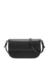 Schwarze Leder-Umhängetasche mit Klappendesign, dezentem Stichmuster und verstellbarem Tragegurt. Enthält das prägierte Markenlogo auf der Vorderseite.