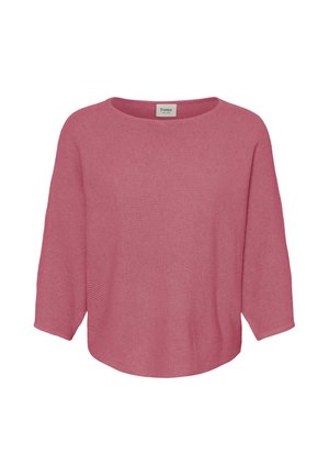 Pull tricot rose pâle avec encolure bateau et manches trois-quarts, présentant un ourlet légèrement courbé.