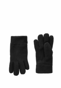 Gants en polaire noire avec un tissu texturé, dotés d'un design à cinq doigts et d'un poignet ajusté pour plus de chaleur. Légers et doux au toucher.