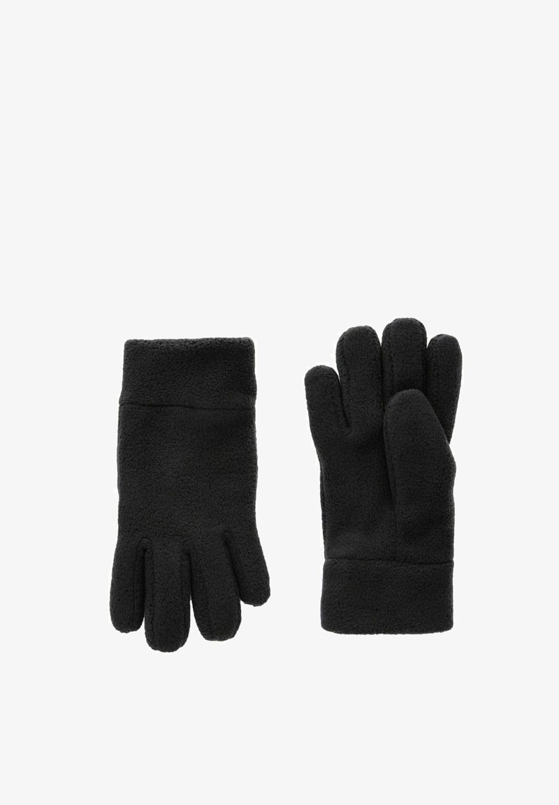 Guantes de forro polar negros con un tejido texturizado, que presentan un diseño de cinco dedos y un puño ajustado para mayor calidez. Ligeros y suaves al tacto.