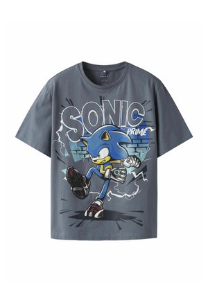 Gray cotton t-shirt featuring a graphic design of a blue character running, with the text "SONIC PRIME" in bold white letters.