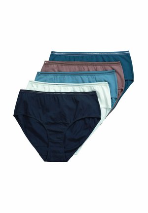 Cinco pares de braguitas de mujer en azul marino, azul claro, marrón, verde azulado y menta claro, apiladas en forma de abanico sobre fondo blanco.