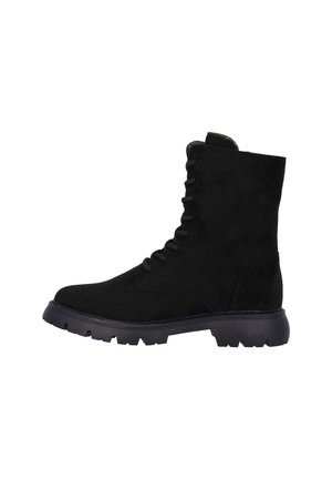 Black suede ankle boots with a round toe, lace-up front, padded collar, and rugged rubber sole featuring prominent treads.