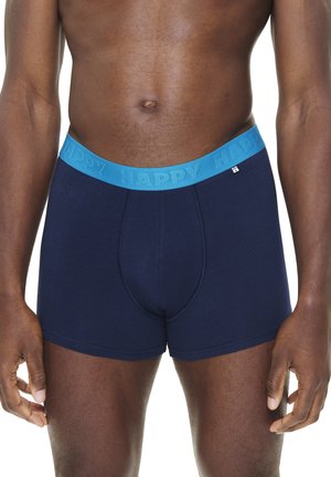 Navyblaue Boxershorts mit einem hellblauen elastischen Bund, auf dem das Wort "HAPPY" in erhabenen Buchstaben aufgedruckt ist. Weicher Stoff, figurbetonter Schnitt.