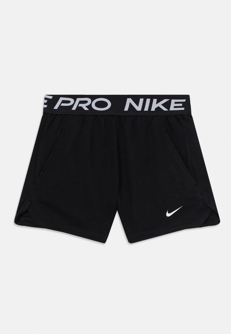 Calções atléticos pretos com um cós largo, apresentando "PRO NIKE" em branco e um pequeno logótipo da Nike branco no canto inferior direito.
