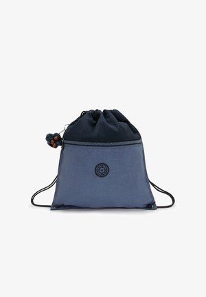 Blå og sort snørepose med lynlåslomme foran, Kipling-logo og en lille brun abe-nøglering fastgjort til lynlåsen.