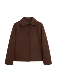 Bruine wollen jas met een kraag en zes zwarte knopen. Heeft een boxy silhouet en lange mouwen voor een relaxte fit.