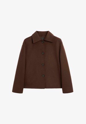 Bruine wollen jas met een kraag en zes zwarte knopen. Heeft een boxy silhouet en lange mouwen voor een relaxte fit.