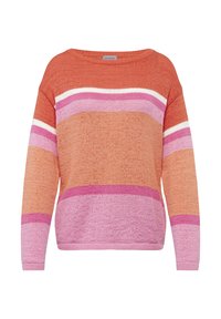 Gestickter Pullover mit horizontalen Streifen in verschiedenen Orangetönen, Rosa und Weiß. Weit ausgeschnittener Hals, lockere Passform und gerippte Bündchen.