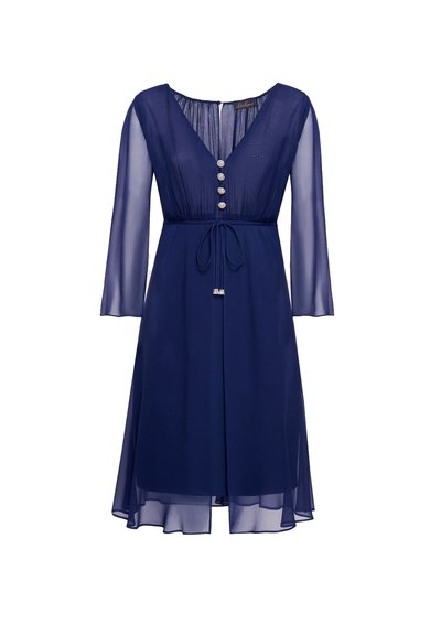 Navy blue, knee-length dress with long sheer sleeves, V-neck, button detail, tied waist, and flowing skirt. Smooth texture and lightweight fabric.