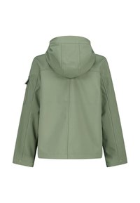 Light green hooded jacket, featuring a straight cut, smooth texture, and a zippered pocket on the left sleeve. Back view displayed.