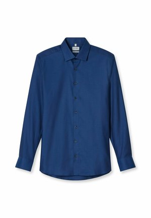 Chemise pour homme à manches longues, bleu foncé, avec un col, des boutons à l'avant et des poignets ajustés, présentée sur un fond blanc.