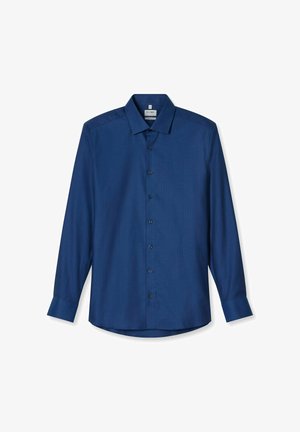 Herren Langarm-Hemd in Dunkelblau mit Kragen, Knöpfen an der Front und taillierten Manschetten, auf einem weißen Hintergrund präsentiert.