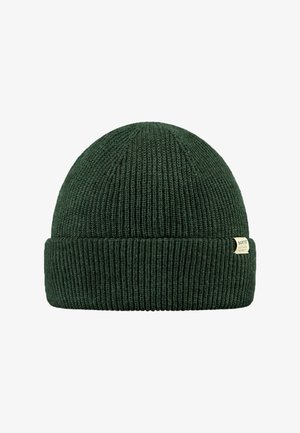 Bonnet vert en tricot avec un bord replié et une texture côtelée ; comporte une petite étiquette de marque sur le côté.