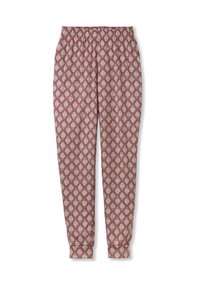Elastische taille tapered broeken met een maroon en beige bloemendiamantpatroon en elastische boorden op een witte achtergrond.